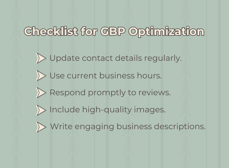 Checklist for Google Business Profile optimizations.