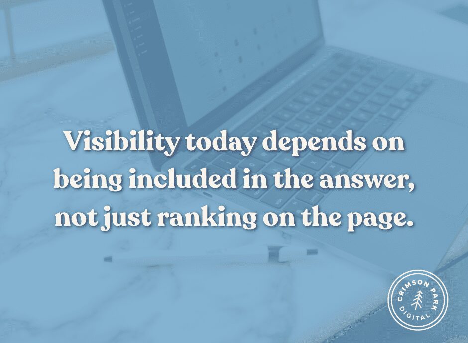 Graphic with quote saying Visibility today depends on being included in the answer, not just ranking on the page.